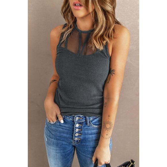 Azura Exchange  Gray Strappy Mesh Splicing Ribbed Tank Top - Picture 1 of 14